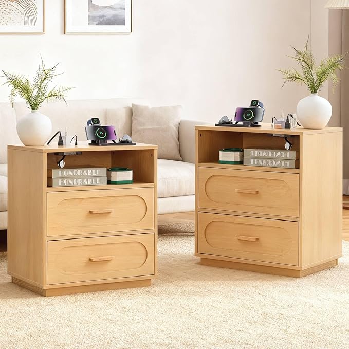 Nightstand Set of 2 with Charging Station, End Table with 2 Drawers Storage, Space-Saving Wood Storage Cabinet with Unique Base Design, Bedside Table for Bedroom, Living Room