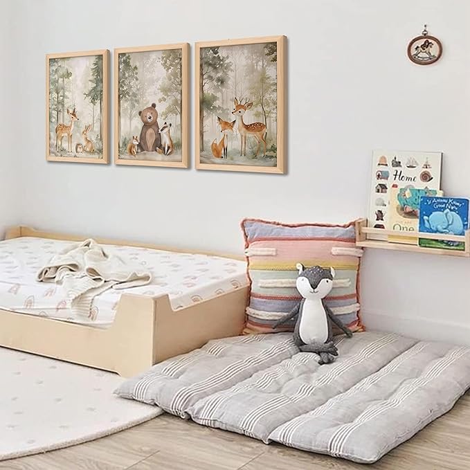 Framed Woodland Wall Art Set of 3, Wild Animals Nursery Wall Decor, Cute Bear Fox Deer Watercolor Canvas, Forest Animal Pictures Print for Baby Room Decor Home Decoration – 12X16 inch