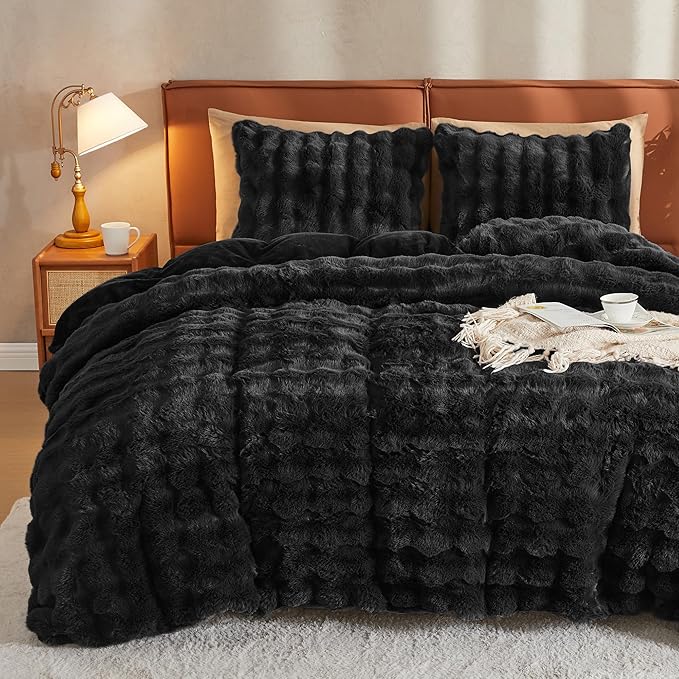 JELLYMONI Plush Duvet Cover Set - Twin Size Black Faux Fur Comforter Cover 2pcs Bedding Set Luxury Ultra Soft Striped Fluffy Duvet Cover with Zipper and 1 Pillowcase (NO Comforter)