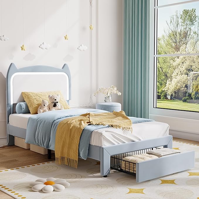 Twin Size Princess Bed Frame with LED Lights & Storage Drawer - Blue Velvet Upholstered Cat Headboard Platform Bed for Kid- Sturdy Wood Slats, No Box Spring Needed, App & Remote Control, Blue & White