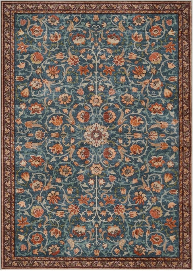 Anidaroel 8x10 Rugs for Living Room, Washable Floral Print Boho Area Rug, Non Slip Soft Large Rugs for Bedroom Stain-Resistant Dining Room Carpet for Home Office Nursery Farmhouse, Blue&Red