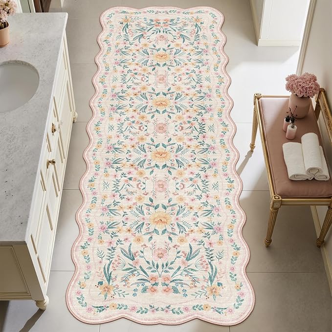 Scalloped Floral Runner Rug 2x6, Pink Washable Non-Slip Boho Hallway Rug, Soft Cute Carpet Runner for Kitchen, Bathroom, Laundry, Entryway or Bedroom