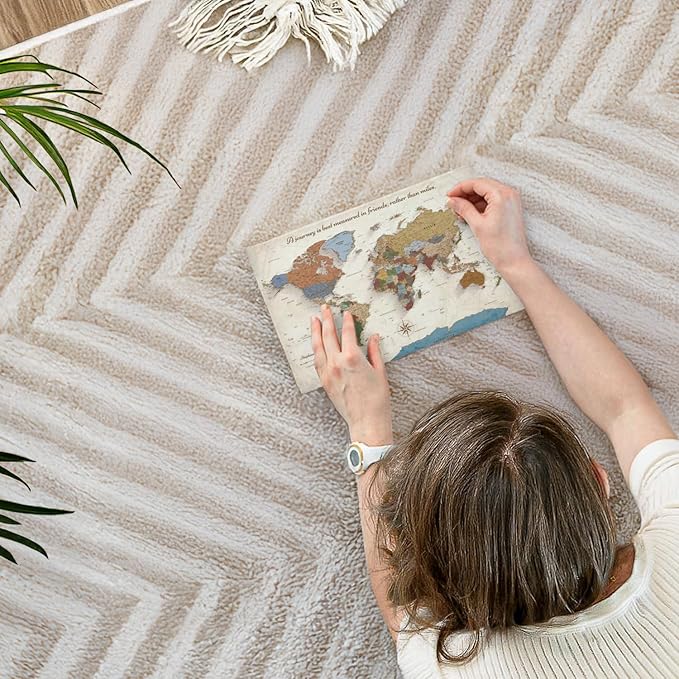 ElephantStock - Personalized Journey V Push Pin World Map Wall Art - Horizontal Canvas Wall Art - Living Room Wall Decor - Digital Art Map Canvas Art - Beige And Orange Decor - 12" x 8"