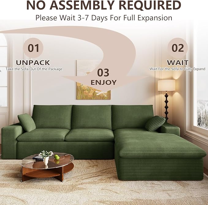 Cloud Sectional Couch,107 Inch Modular Sectional Sofa with Deep Seat, Modern Corduroy Boneless Couches with L-Shape Chaise for Living Room Bedroom, No Assembly Required (Green, Right Facing Chaise)