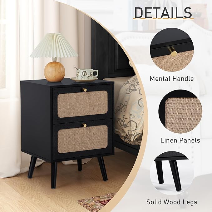 16" Wooden Nightstand with 2 Storage Drawer, Farmhouse Bedside End Table with Linen Decor, Modern for Night Stand Bedroom, Living Room & Small Spaces (Black)