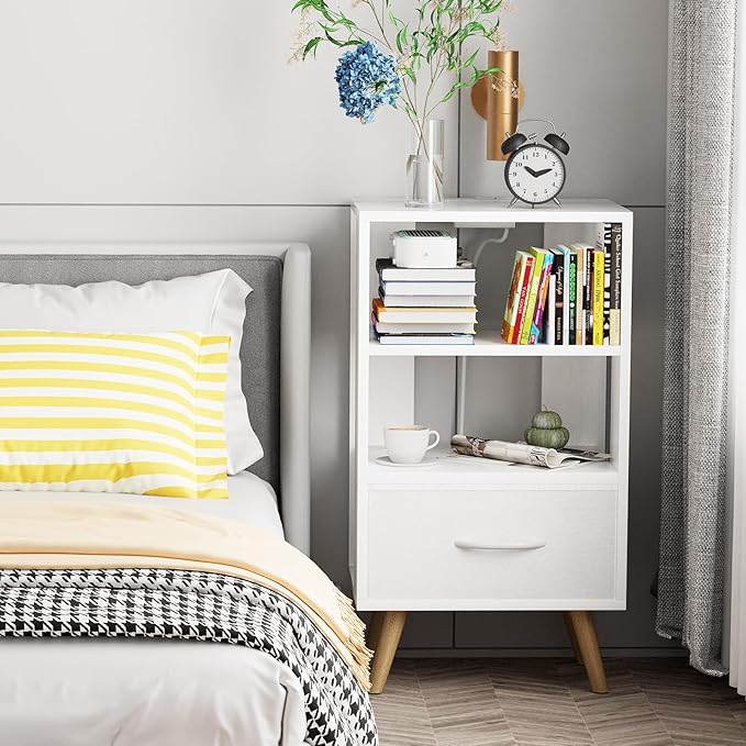 Night Stand with Charging Station, White Kids Nightstand with Drawer, 3-Tier Nursery Bedside Table with USB Ports and Outlets, End Table for Small Space, Living Room, Bedroom