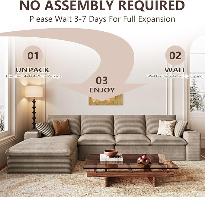 136 Inch Cloud Sectional Couch, Modern Modular Sectional Sofa with Deep Seat, Corduroy Boneless Couches with L-Shape Chaise for Living Room Bedroom, No Assembly Required (Camel, Left Facing Chaise)