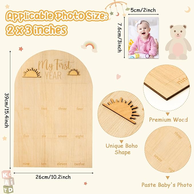 R HORSE My First Year Photo Display Wood Board - Fits 2 x 3 Inch Photo, 3D Boho Sun Baby's First Year Picture Frame 12 Months Milestone Board Baby Keepsake Birthday Nursery Decor Gift for Boy Girl