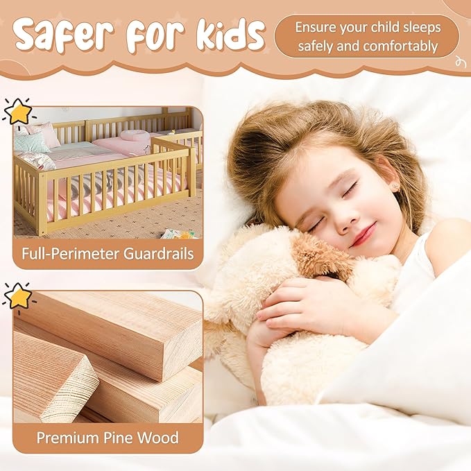 Harper & Bright Designs Full Size House Shaped Double Floor Bed with Door and Full-Length Guardrails, Solid Wood Kids Montessori Floor Bed for Girls Boys, Multi-Function, Natural