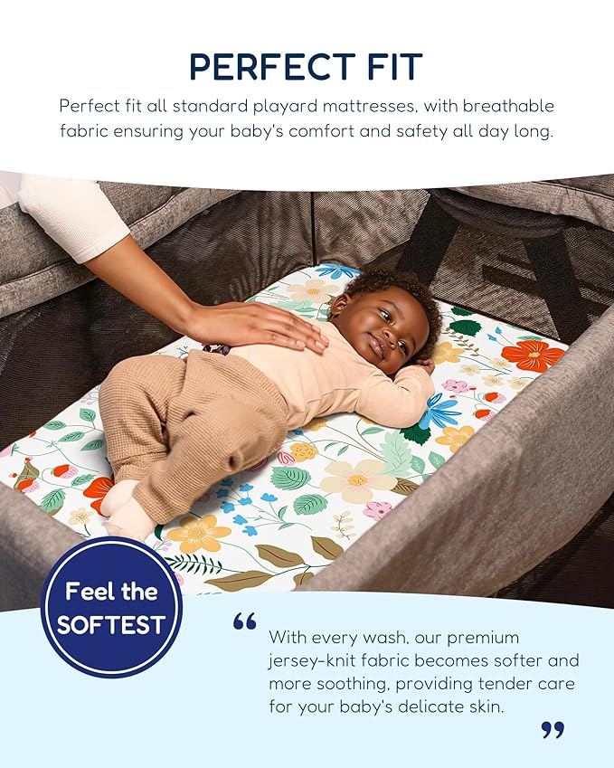 TotAha Buttery Soft Mini Crib Sheets Girl, Floral Pack N Play Mattress Sheets Hypoallergenic, Premium Jersey Playrad Sheets, Pink Flower Graco Pack and Play Sheets Fitted 2 Pack
