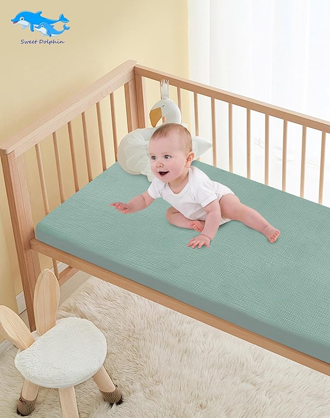 SWEET DOLPHIN 2-Pack Muslin Crib Sheets for Boys & Girls, Ultra Soft Breathable 40S Long-Staple Cotton Fitted Baby Sheets for Standard Crib Mattress 52"x28", Light Teal- Nursery Essentials