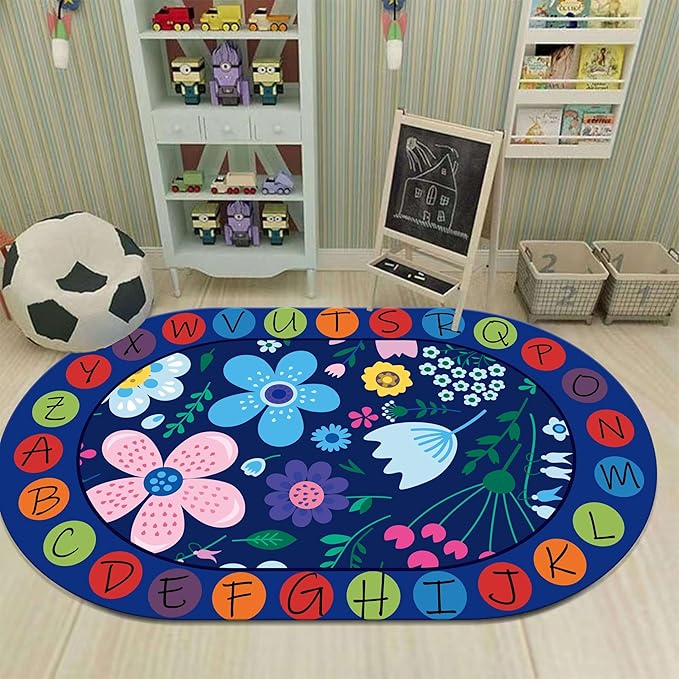 Kids Educational Oval Rug, 3x4ft, ABC Alphabet Learning Play Mat, Cute Colorful Flowers Plants Designs Rugs, Non-Slip Washable Carpet for Bedside Boys Girls Teens Room Nursery Decor Floor Mat