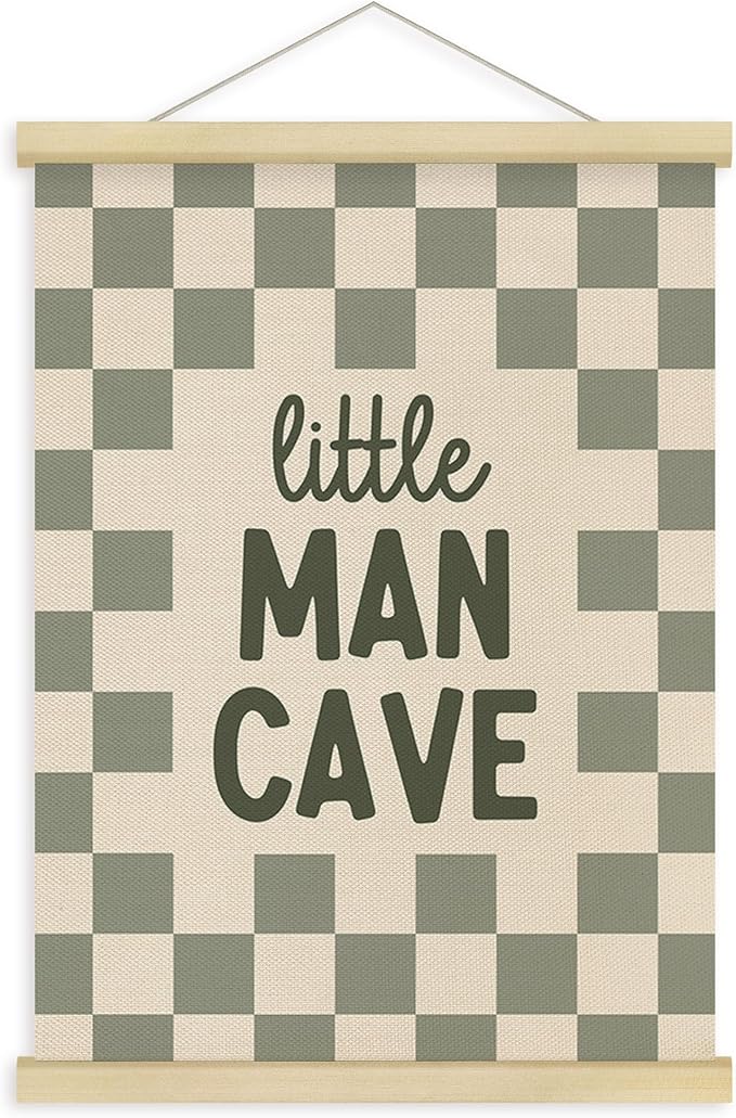 Fewgb Little Man Cave Wall Art Decor for Baby Boys Nursery Kids Room Bedroom Playroom, Sage Green Hanging Poster Framed with Hanger, Green Checked Plaid Picture Prints 12x16