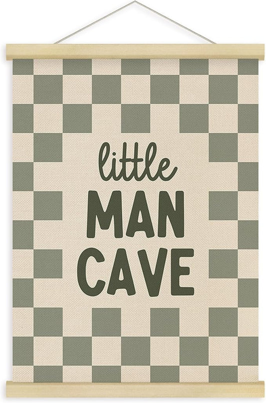 Fewgb Little Man Cave Wall Art Decor for Baby Boys Nursery Kids Room Bedroom Playroom, Sage Green Hanging Poster Framed with Hanger, Green Checked Plaid Picture Prints 12x16