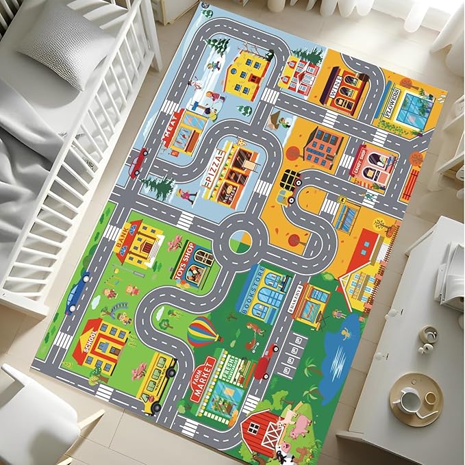 Car Rugs for Kids Toy Cars,Kids Play Rug with Non-Silp Backing, City Road Carpet for Playroom Bedroom Boys, Car Track Map Playmat - 9'2" x 6'7" (Rectangular)