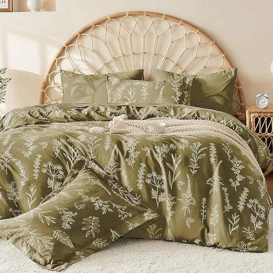 MUXHOMO Duvet Cover King Size, Reversible Floral Olive Green Duvet Cover Set with Zipper Closure, 3 Pieces Botanical Patterns Soft Microfiber Bedding Set (90"x104", 2 Pillow Cases 20"×36")