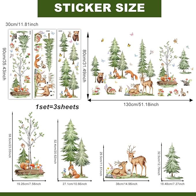 Woodland Pine Tree Wall Decals Forest Animals Wall Stickers Peel and Stick Wall Decal Living Room Baby Nursery Bedroom Kids Room Wall Decor