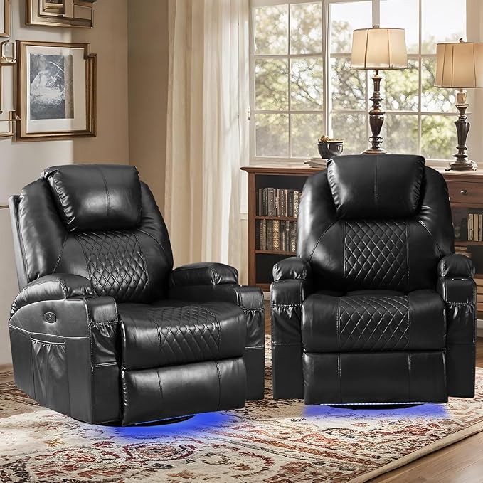 Power Swivel Rocker Recliner Chair with Massage and Heat/LED Lights/USB and Type-C Ports/Infinite Position/Cup Holder, Electric Glider Reclining Sofa for Nursery Living Room (2, Black)