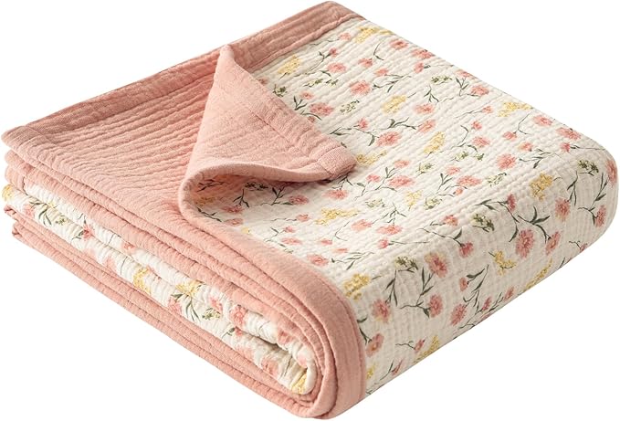 Little Jump Muslin Baby Blankets for Girls, Large 47" x 47" Cotton Crib Blanket for Baby Infant Toddler, Soft Breathable and Lightweight Toddler Quilt for Girls (Peach Floral)