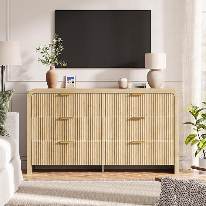 Angel Sar 55" Modern Fluted 6 Drawer Dresser for Bedroom, Wooden Bedroom Dresser with Arched Tabletop, Wave Pattern Design & Gold Handles, Closet Chest of Drawers for Clothes Storage, Natural Wood