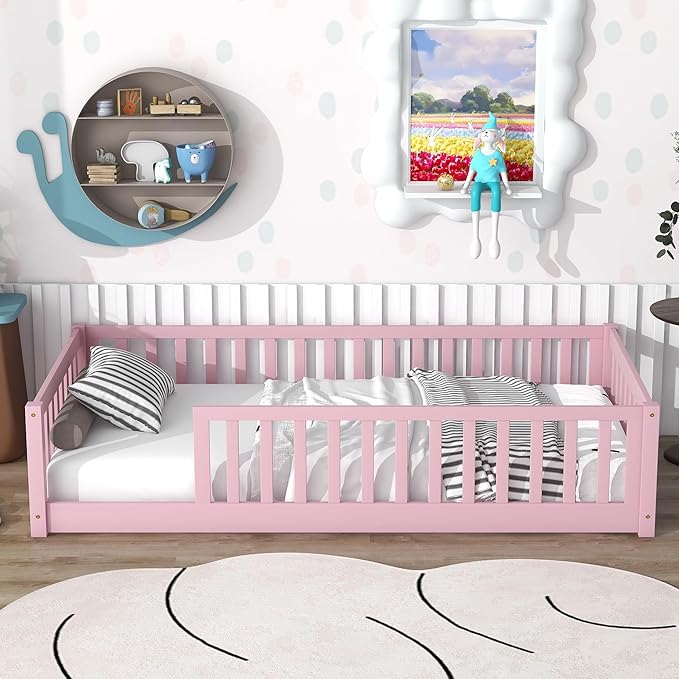 Twin Size Kids Montessori Floor Bed,Twin Floor Bed Frame with Slats,Solid Wood Twin Bed Frame for Girls Boys,Pink