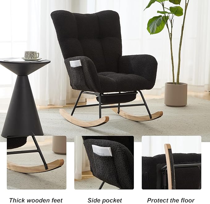 Nursery Rocking Chair Teddy Upholstered Reading Glider Rocker with Footrest Accent Chair with High Backrest Armchair Comfy Side Pocket Chair for Living Room, Bedroom, Offices (Large Black)