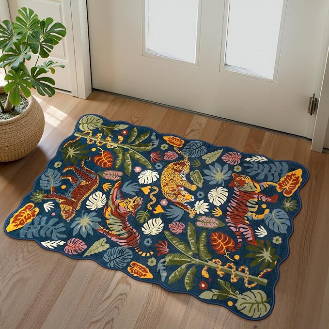 LEEVAN Washable Tiger Rug 2x3 Bathroom Rugs Non Slip Scalloped Blue Entryway Mat Leopard Front Door Mat Low Pile Rug Pad for Porch Soft Jungle Laundry Mat