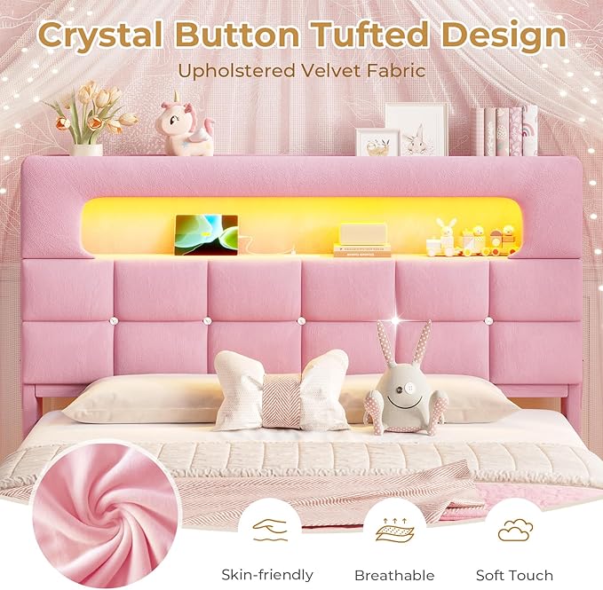 MSmask Full Upholstered LED Bed Frame with 2-Tier Storage Bookcase Headboard, Velvet Princess Bed with Crystal Button Tufted Headboard & Charging Station, Girls Platform Bed, Curved Legs, Pink