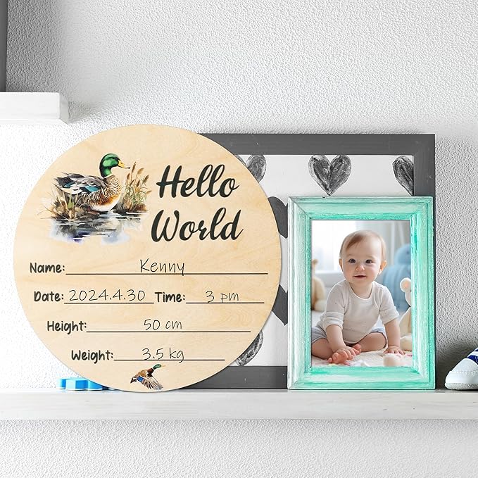 R HORSE Baby Birth Announcement Sign with Marker Pen, Mallard Duck Baby Name Sign with Ink Pad for Hand and Footprints, Wooden Hello World Newborn Announcement Nursery Decor Keepsake Gifts