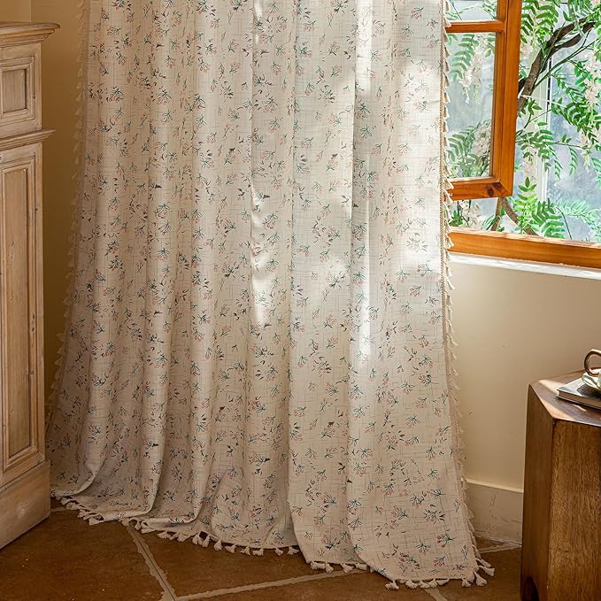 OYX Boho Floral Curtains 96 Inch Length 2 Panels for Living Room, Bedroom Light Filtering Drapes, Farmhouse Vintage Country French Rustic Tassels Pattern Rod Pocket Aesthetic Decor Window Treatments