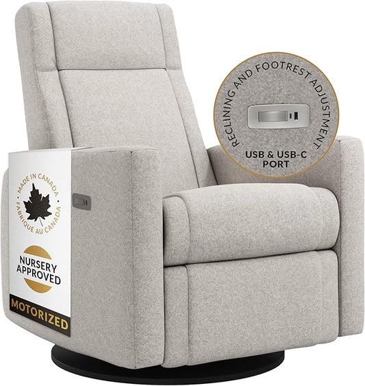 Nelly Modern Nursery Chair Glider Recliner with 180° Swivel - Cozy Motorized Reclining Nursing Chair with USB Ports, Gentle Motion, Hybrid Memory Foam, Lumbar Support (Heather Pearl/Arlo Fabric)