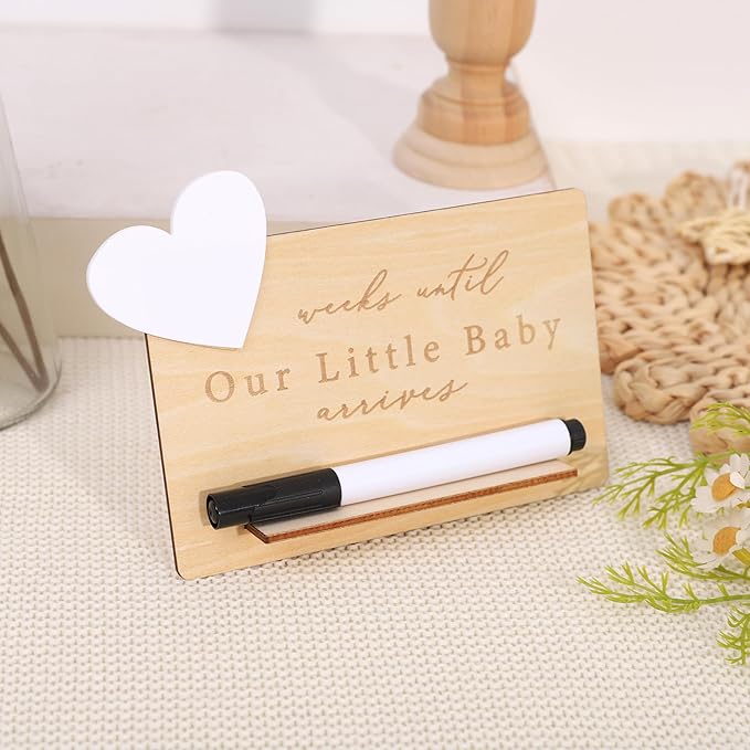Baby Arrival Countdown Wooden Board - Weeks Until Our Little Baby Arrives Sign,Pregnancy Countdown Dry Erase Board,Newborn Birth Calendar Sign,Mom-to-Be Party Centerpieces Photo Props