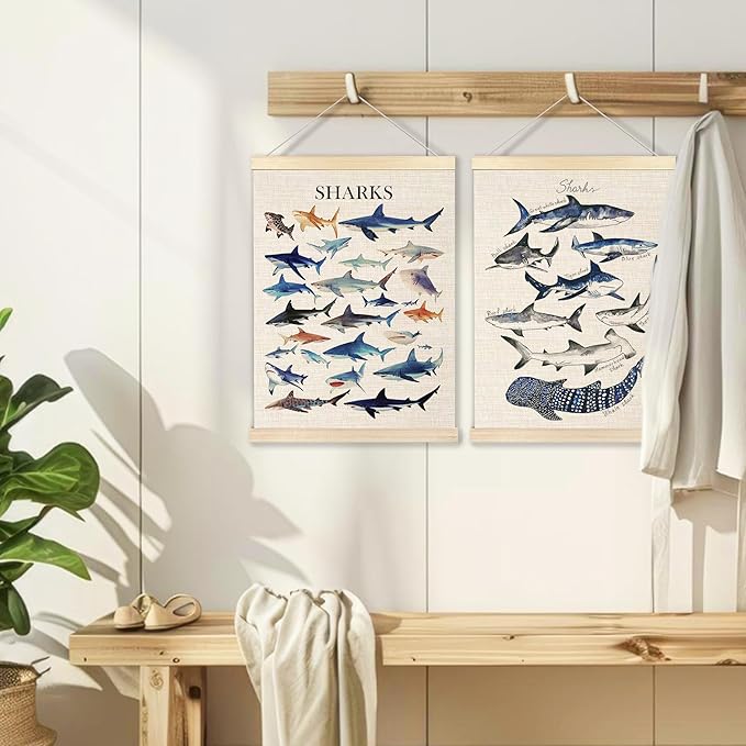 Ecezatik Shark Wall Art Set of 2, Shark Posters, Hanging Wall Art Decor for Classroom, Nursery, Kids Room, Playroom, Beach, Ocean Room Decor, 12x16 Inch