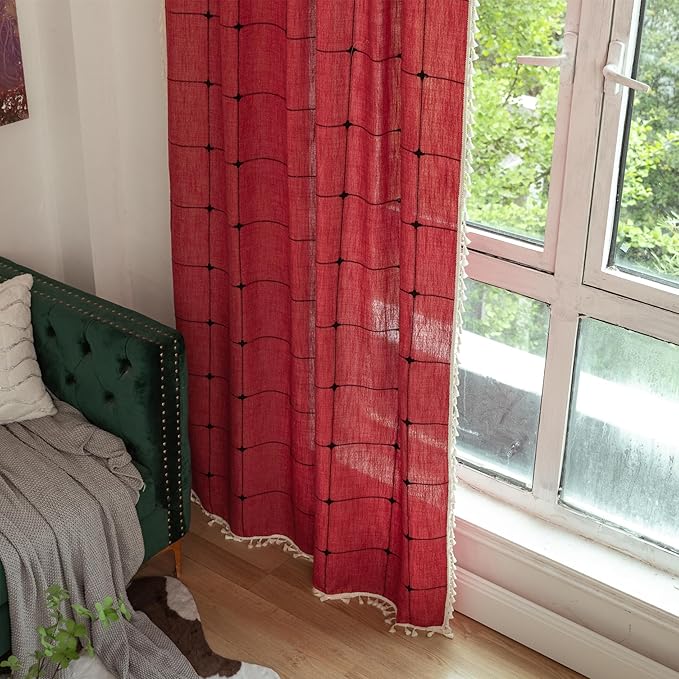 Deeprove Red Boho Curtains for Bedroom 63 Inches Long, Burgundy Checkered Bohemian Chic Textured Embroidery Plaids, Vintage Handmade Tassels Country Xmas Christmas Decor Drapery, 1 Panel W52 x L63