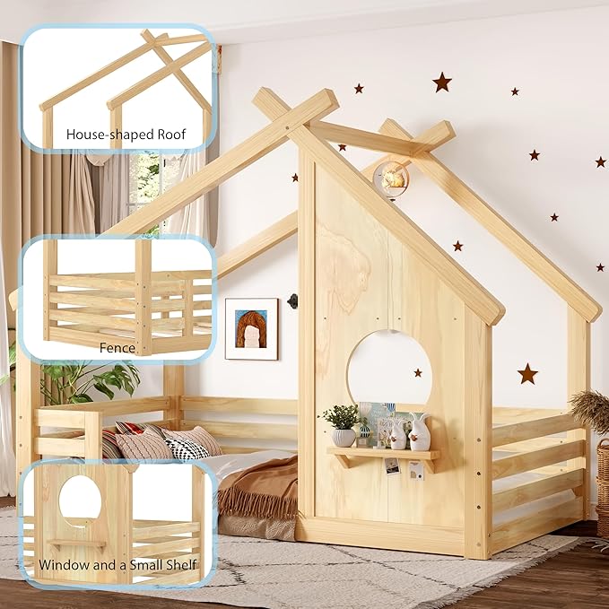Polibi Twin Size House Floor Bed with Window and a Small Shelf, Solid Wood Low Profile Floor Bed for Kids, No Box Spring Needed, Natural