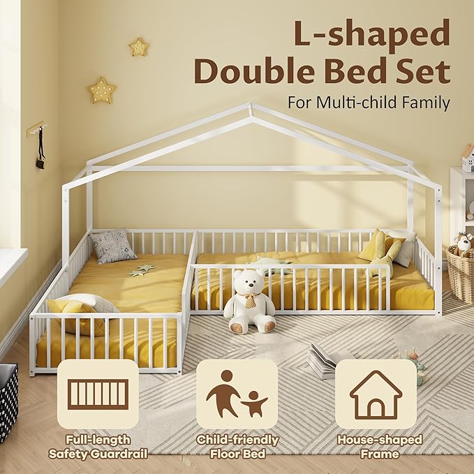 Double Twin Size L-Shaped Floor Bed,Metal Corner House Bed Frame with Fence,House-Style Floor Bed for 2 Kids,Without Slats,White
