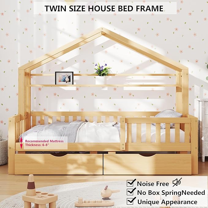 Aoowow Twin Size House Bed with Storage Drawers and Shelf,Kids Wooden Bed Frame Twin Platform Bed with Slats and Fence for Boys Girls Teens for Bedroom(Natural)