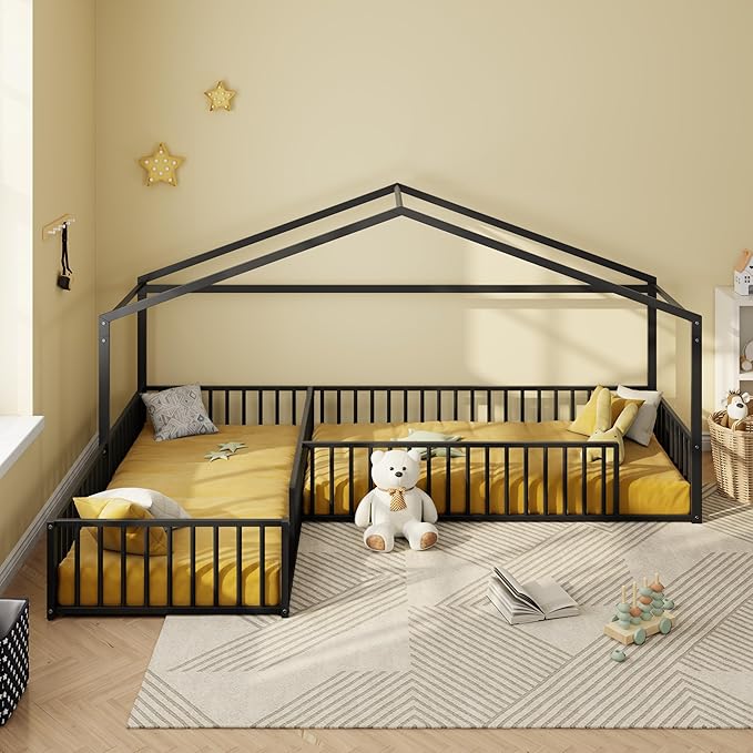 SOFTSEA Twin Size L-Shaped House Floor Bed, Metal Montessori Bed Frame with Fence Guardrails, Double Twin Corner House Bed for 2 Kids, No Slats, Easy Assembly, Black