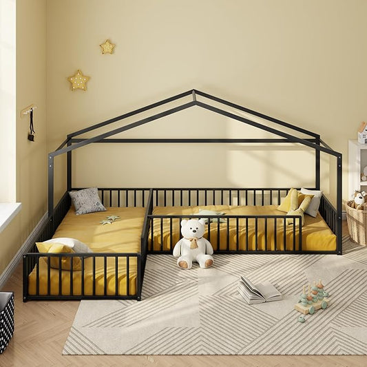 Double Twin Size L-Shaped Floor Bed,Metal Corner House Bed Frame with Fence,House-Style Floor Bed for 2 Kids,Without Slats,Black