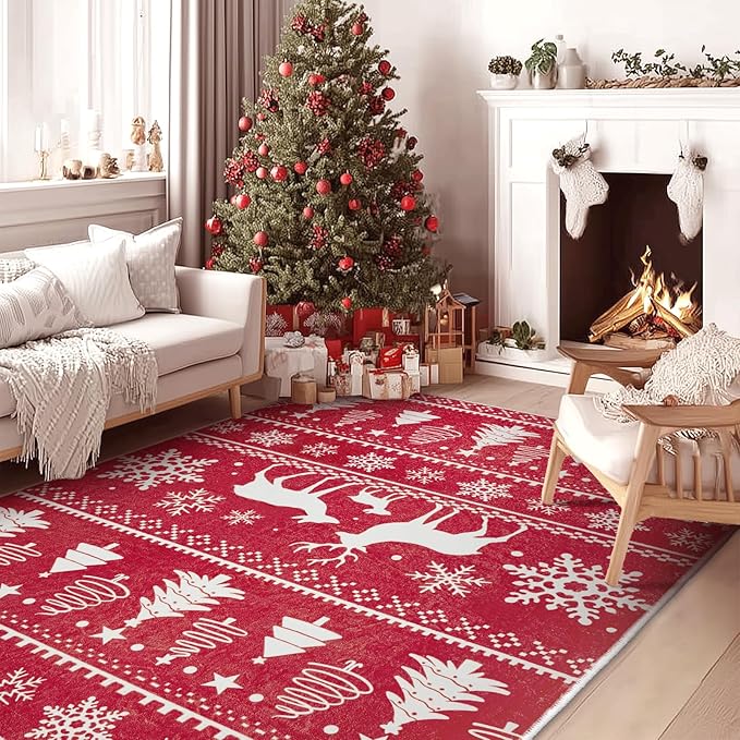 5x7 Machine Washable Christmas Area Rug, Non-Slip Floor Rugs for Kids, Low Pile Room Carpet for Living Room, Bedroom, Dining Room & Nursery(5x7 Elk)