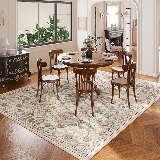 AMTOVO 5x7 Washable Area Rugs for Living Room, Vintage Boho Floral Distressed Print Non-Slip Carpet, Soft Colorful Accent Rug for Bedroom Dining Room Playroom Nursery Farmhouse Girls Room, Beige