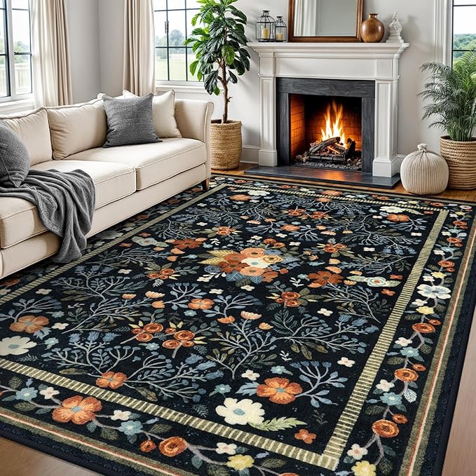 Area Rugs for Living Room 8x10, Washable Non-Slip Thin Floral Vintage Boho Rug for Bedroom Dining Room Office, Non-Slip Rug for Kitchen Indoor Lightweight Carpet, Black/Multi
