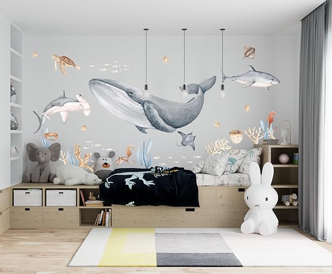 Fish Wall Decals – Octopus Decal & Stickers, Ocean Wall Decal for Nursery Baby Kids Bedroom Bathroom, Small Set (22″ W –22″ H) 40 Pcs