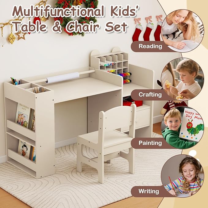 Costzon Kids Desk and Chair Set, Art Activity Desk Set with Detachable Paper Roll Holder, Cubby Cabinet, and Multiple Storage Space, 2-in-1 Toddler Table and Chair for Painting, Studying (Beige)