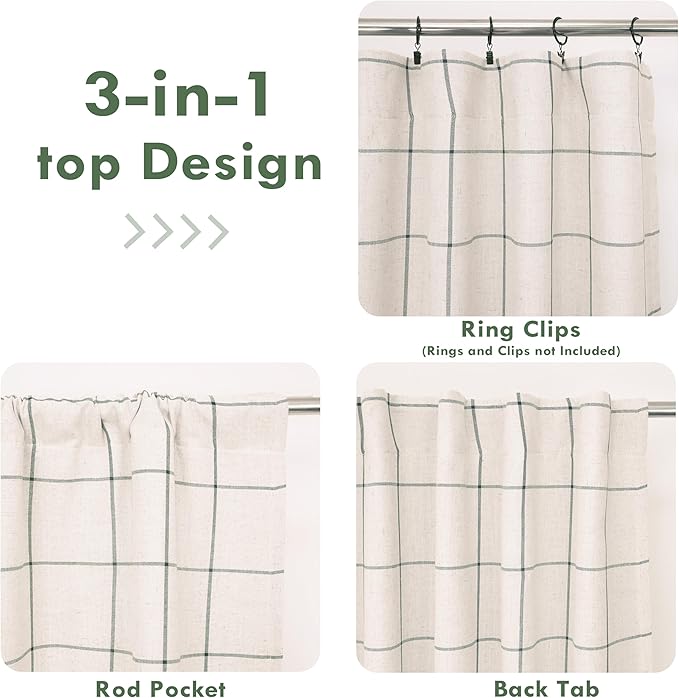 DriftAway 2 Panels 100% Blackout Windowpane Plaid Linen Curtains Double Layer Drapes for Bedroom 96 Inches Long Farmhouse Thermal Insulated 3.25 Inch Rod Pocket Back Tab for Living Room Loden Green