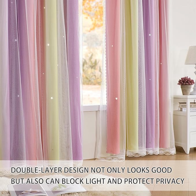 XiDi Girls Curtains for Bedroom 63 Inch Length 2 Panels Pink Yellow Purple Rainbow Blackout Curtains for Little Girl Kids Room Decor Living Room, Princess Unicorn Wall Decals Grommet Drapes 52x63