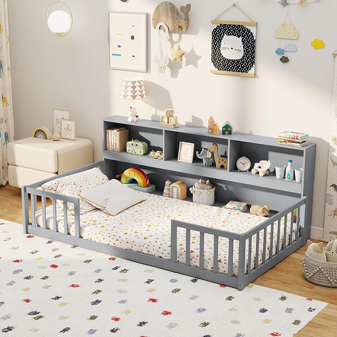 Giantex Twin Floor Bed for Kids, Wooden Montessori Bed Frame with Bookcase, Storage Shelves & Safety Fence Rails, Floor Beds Twin for Girls, Boys, No Box Spring Needed, Without Slats, Grey