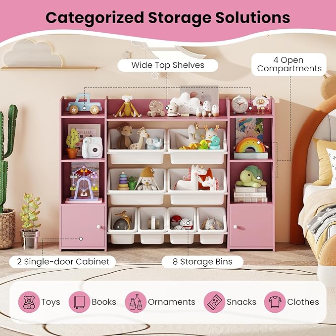 Costzon 56'' Kids Toy Storage Organizer with 8 Removable Bins, 4-Tier Toddler Bookshelf Cubbies, Preschool Children's Montessori Bookshelf w/6 Large Cabinet for Playroom, Daycare, Kids Room, Classroom