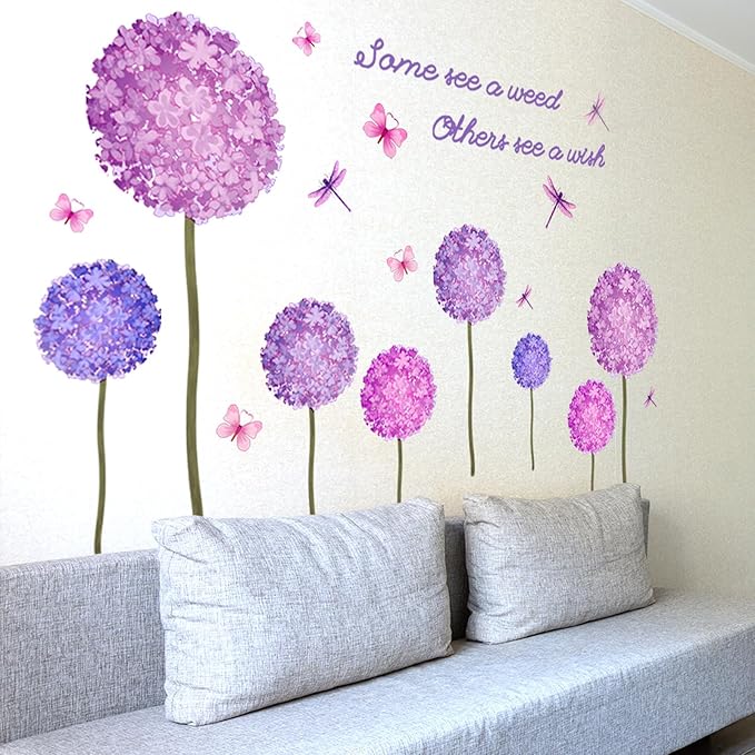Dandelion Plant Wall Decals Flying Butterfly Dragonfly Wall Stickers Removable Violet Hydrangea Floral Wall Decor for Living Room Kids Bedroom Girls Bedroom Home Wall Decor