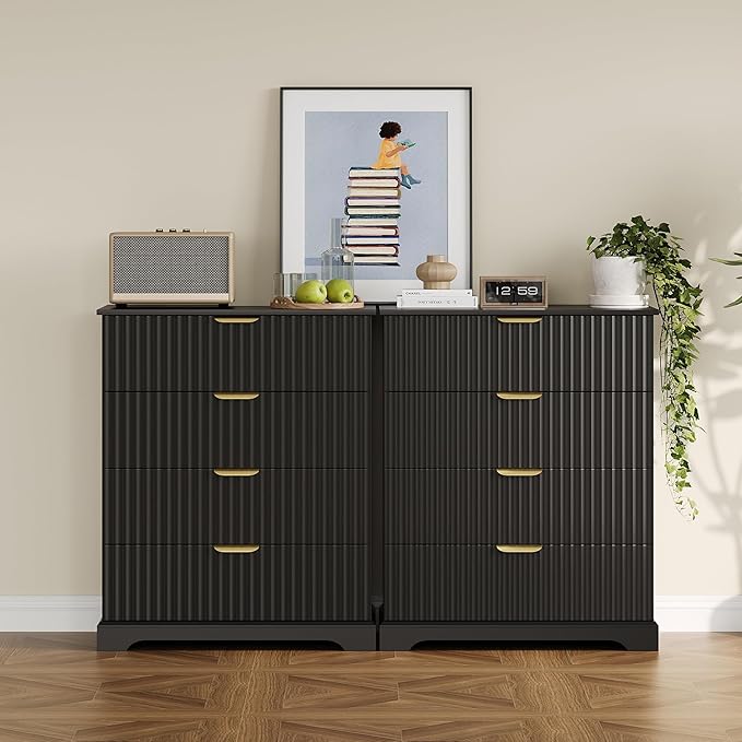 Fluted Dresser with 4 Drawers for Bedroom, 36.6" Tall Dresser with Metal Handle, Wooden Chest of Drawers for Bedroom, Living Room, Entryway, Black